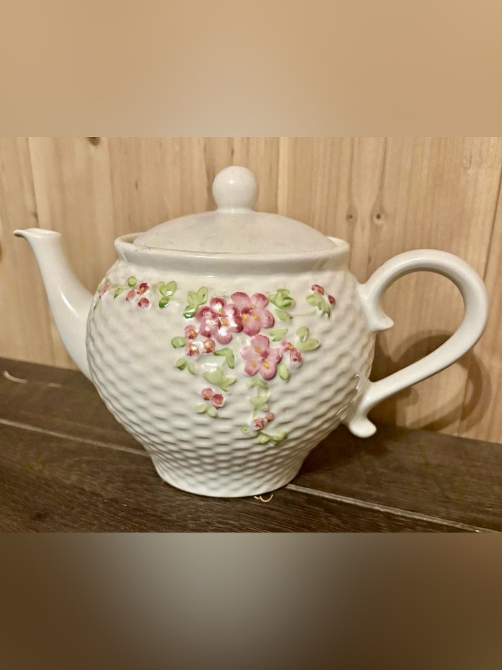 Teleflora Tea Pot Pink Flowers & Basket Weave Pattern